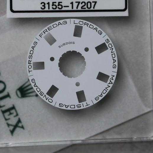 NEW Rolex 3155-17207 Disco Indicatore Giorni Data DAY-DATE Bianco Svedese Nuovo