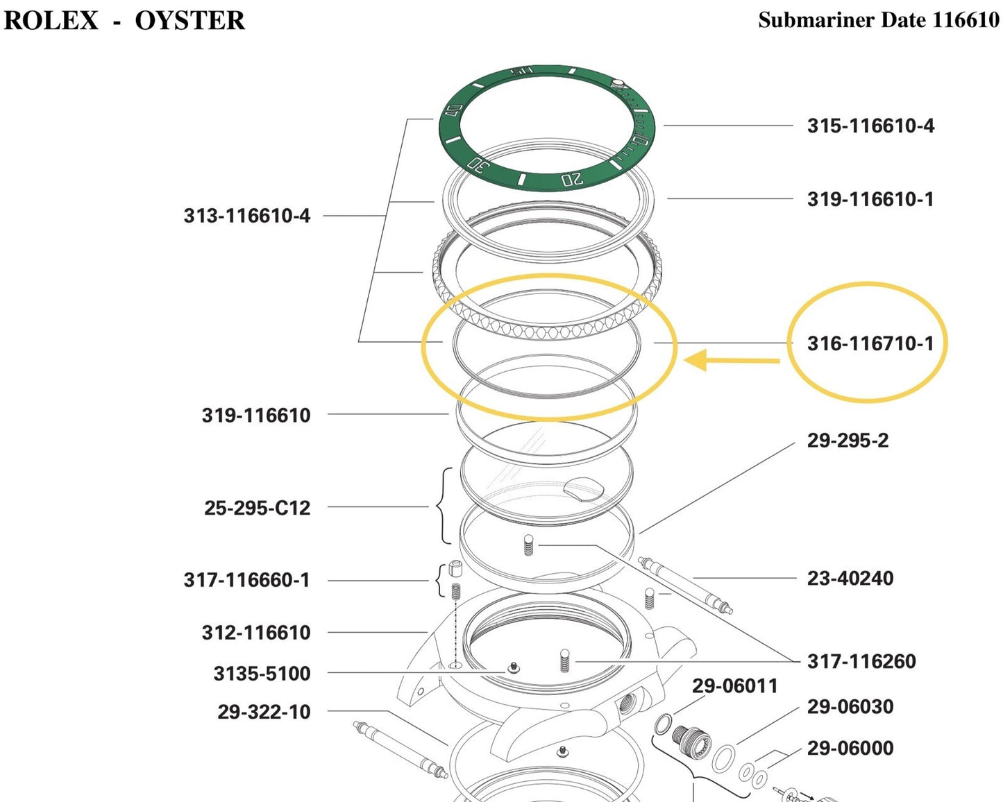 NEW Rolex 316-116710-1 Bezel Gasket Genuine GMT Submariner  116610 114060 x1 pz