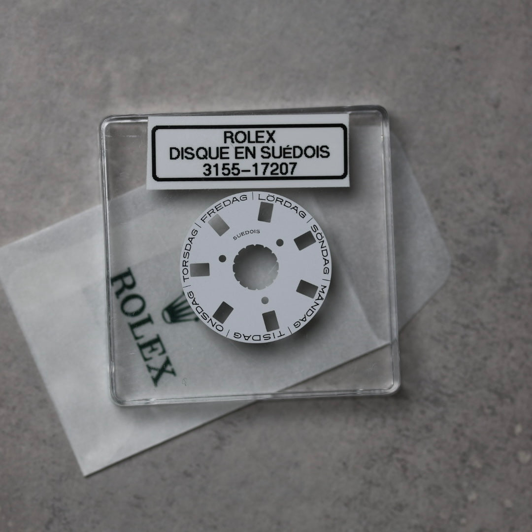NEW Rolex 3155-17207 Disco Indicatore Giorni Data DAY-DATE Bianco Svedese Nuovo