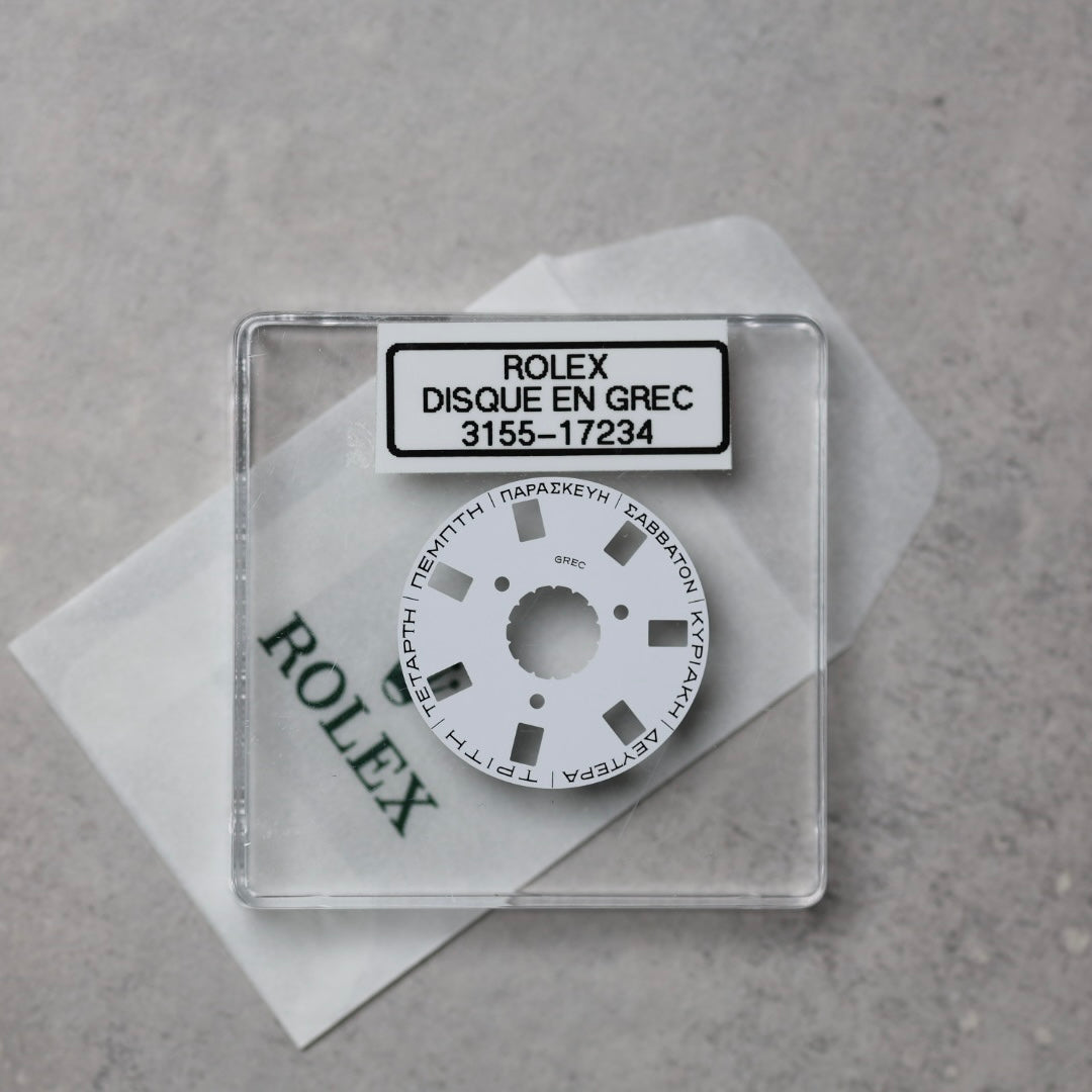 NEW Rolex 3155-17234 Disco Indicatore Giorni Data DAY-DATE Bianco Greco Nuovo