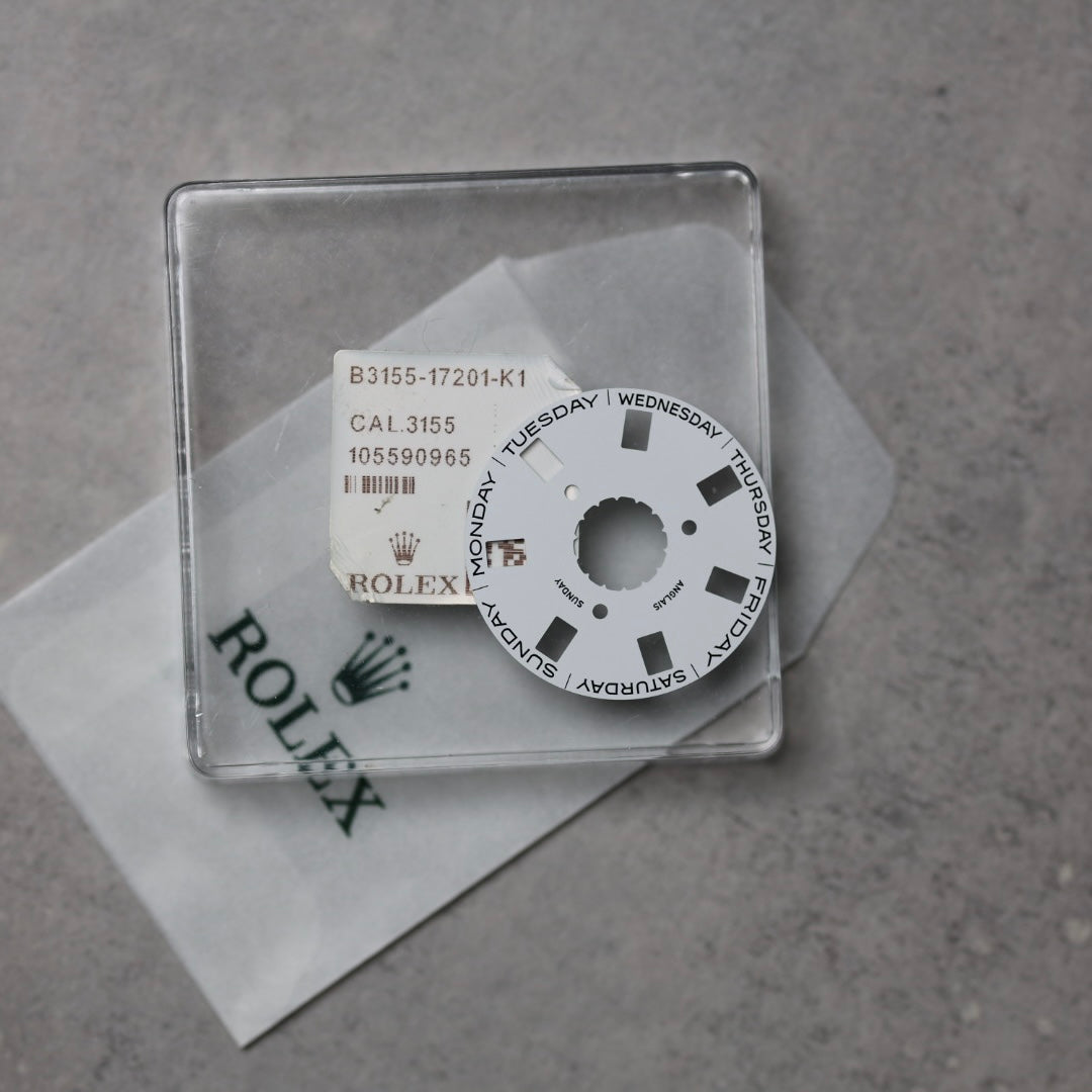 NEW Rolex 3155-17201 Disco Indicatore Giorni  Data DAY-DATE Bianco Inglese Nuovo