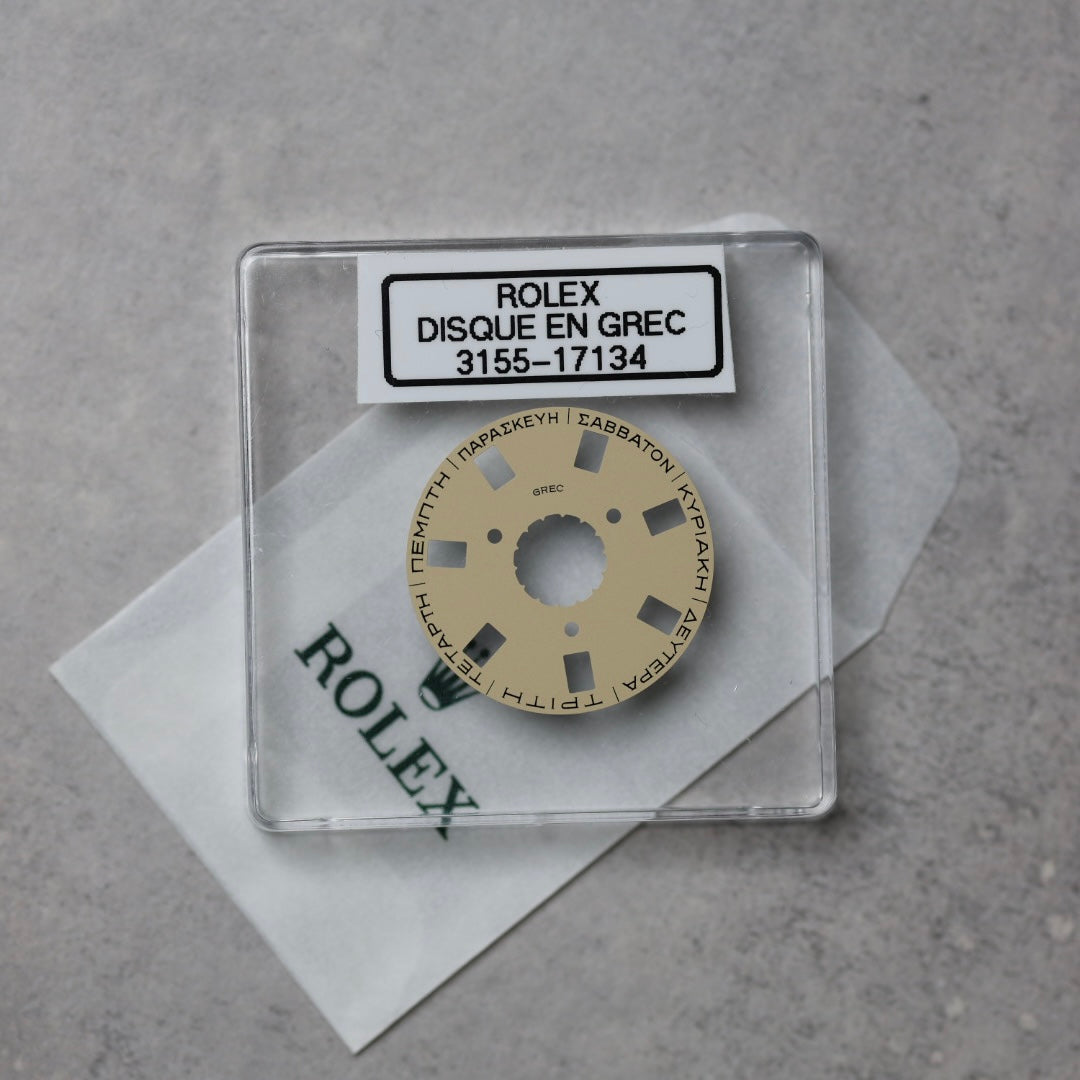 NEW Rolex 3155-17134 Disco Indicatore Giorni Data DAY-DATE Champagne Greco Nuovo