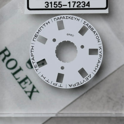 NEW Rolex 3155-17234 Disco Indicatore Giorni Data DAY-DATE Bianco Greco Nuovo