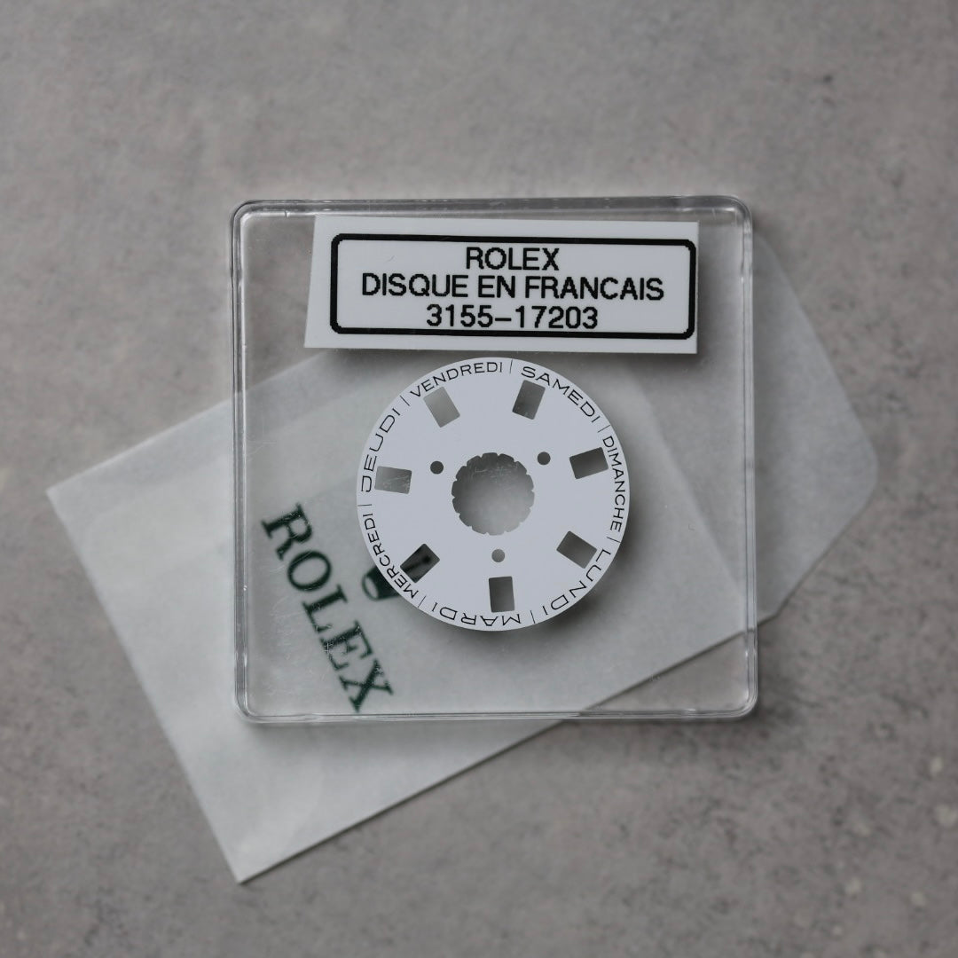 NEW Rolex 3155-17203 Disco Indicatore Giorni Data DAY-DATE Bianco Francese Nuovo
