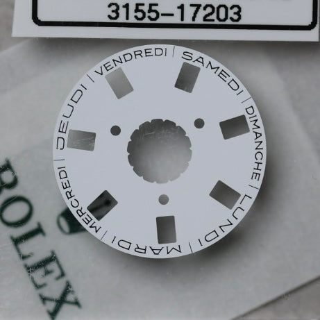 NEW Rolex 3155-17203 Disco Indicatore Giorni Data DAY-DATE Bianco Francese Nuovo